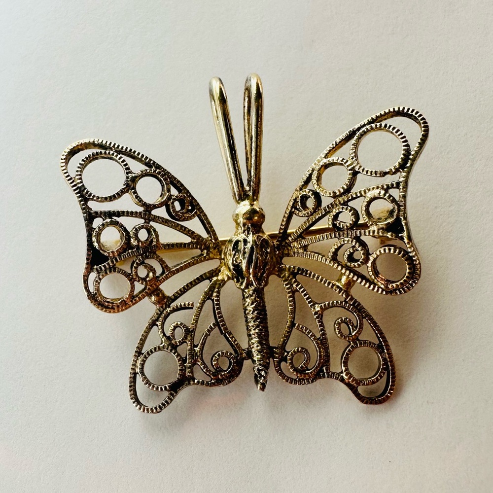 Vintage Sterling Silver Danecraft Filigree Butterfly Moth Brooch Pendant Gold